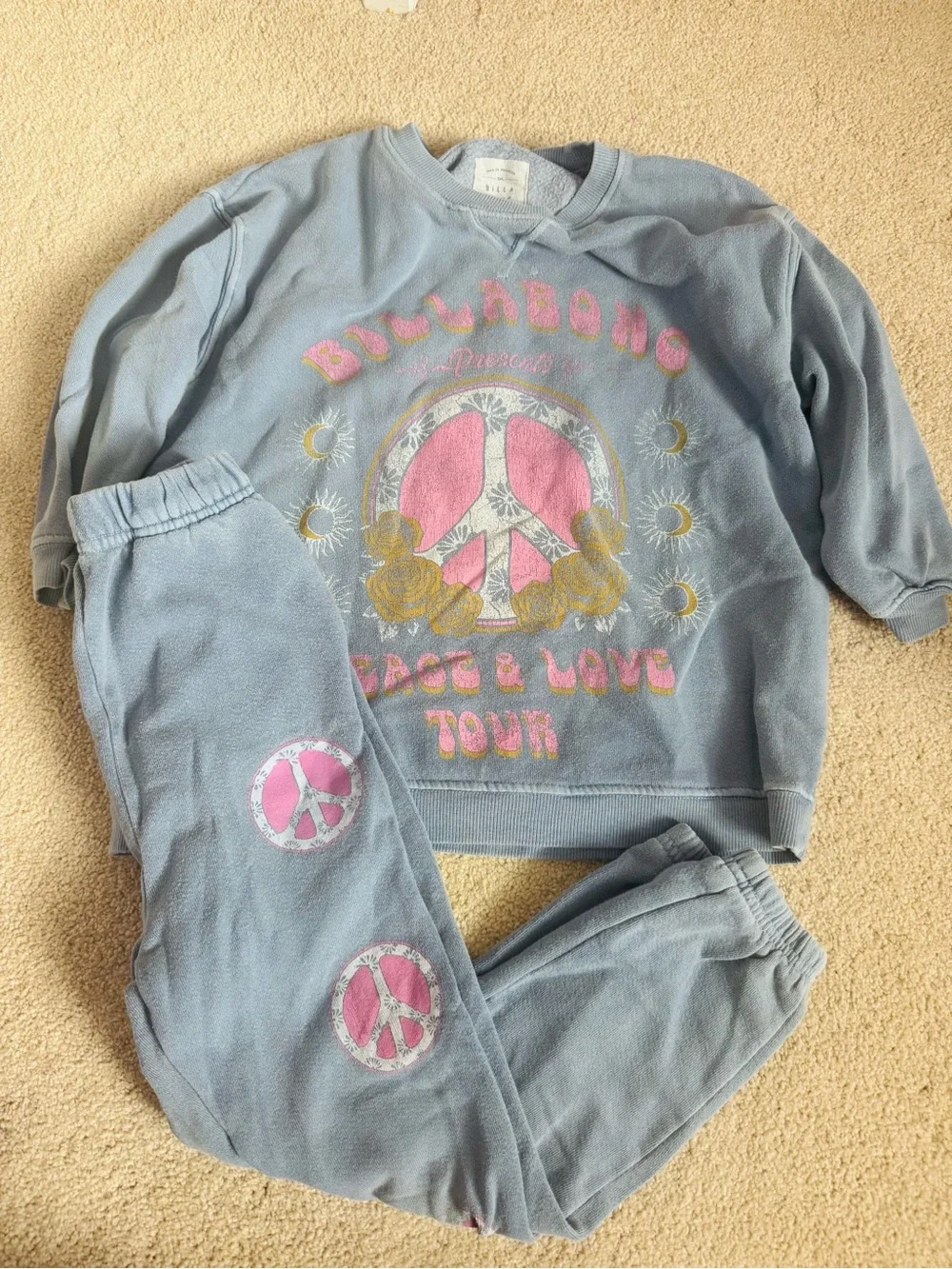 Billabong Kids Blue Sweatshirt & Joggers Set with Pink Peace Graphics